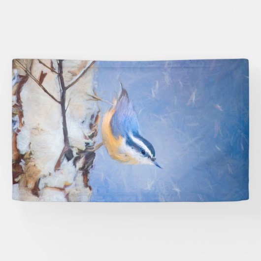 Roodborst Nuthatch schilderij Originele Vogelkunst Spandoek (Horizontaal)