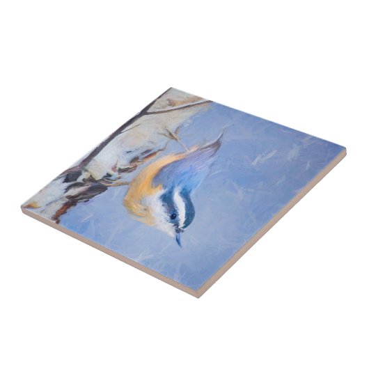Roodborst Nuthatch schilderij Originele Vogelkunst Tegeltje (Zijkant)