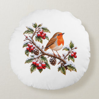Roodborst op besneeuwde wintertak Kerstmis Rond Kussen