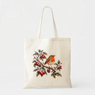 Roodborst op Besneeuwde Wintertak Kerstmis Tote Bag
