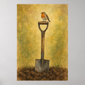 Roodborst op een tuinschep Aquarel Poster (Voorkant)