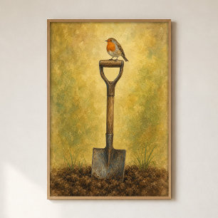 Roodborst op een tuinschep Aquarel Poster