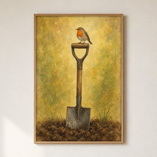 Roodborst op een tuinschep Aquarel Poster