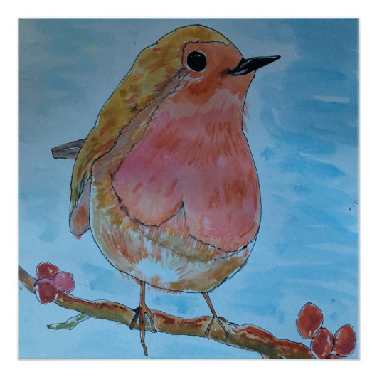 Roodborst waterverf Glanzende Poster (Voorkant)