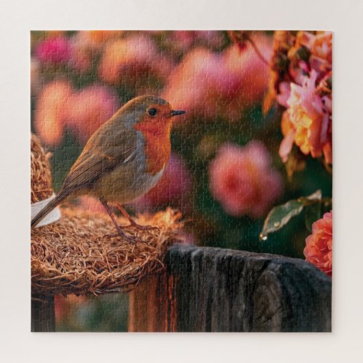 Roodborst zittend op strohoed in rozentuin legpuzzel (Verticaal)