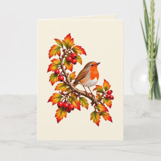 Roodborstje Herfst Botanisch Vogelontwerp Kaart