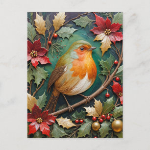Roodborstje te midden van hulst en poinsettia feestdagenkaart