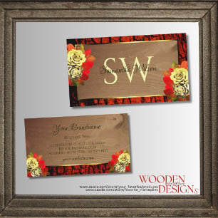 Roodbruine boomschors Hout Initialen Floral Visitekaartje