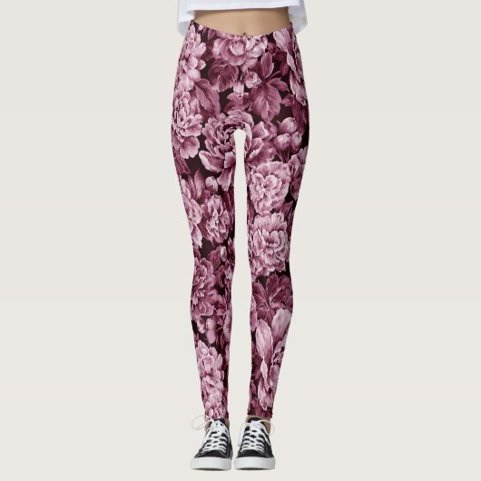 Roodbruine monochrome pioenrozen leggings (Voorkant)