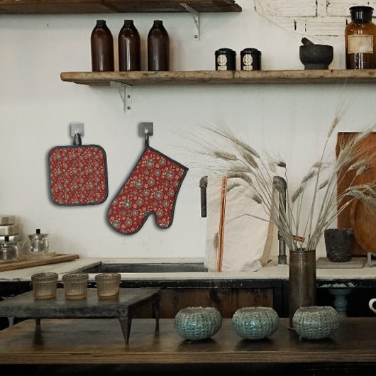 Roodbruine natuurlijke bloem ovenwant & pannenlap set