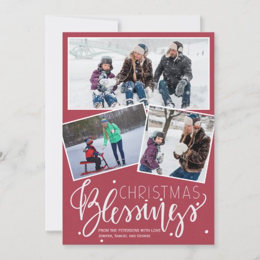 Roodbruine sneeuwpoppen voor kerstmis 3 foto's feestdagenkaart (Voorkant)