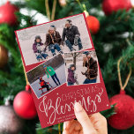 Roodbruine sneeuwpoppen voor kerstmis 3 foto's feestdagenkaart<br><div class="desc">Seizoensvakantie van de familie groet drie omgezette fotokaart op een rood grof document zoals achtergrond met dalende sneeuw en het witte "Kerstakelende"typografische manuscript.     Gemakkelijk om met uw foto's en handtekening te personaliseren!</div>