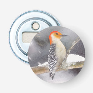 Roodbuikspecht schilderij originele vogelkunst button flesopener