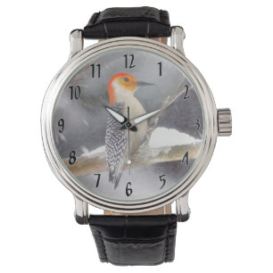 Roodbuikspecht schilderij originele vogelkunst horloge