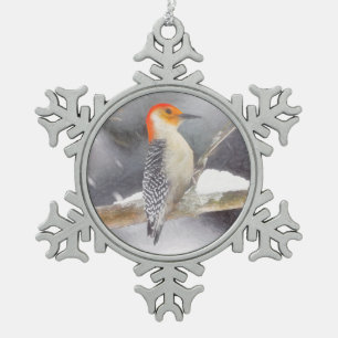 Roodbuikspecht schilderij originele vogelkunst tin sneeuwvlok ornament