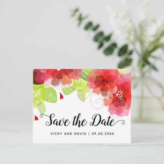 Roodetherbloemen bruiloft Bewaar datum Briefkaart (Staand voorkant)