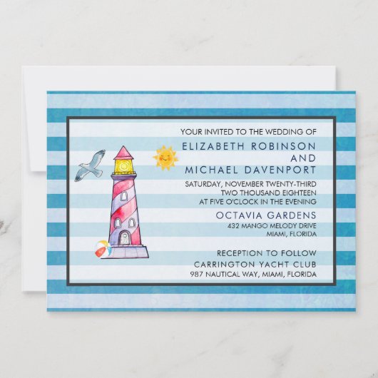 Roodgestreepte Waterverf vuurtoren bruiloft Kaart (Voorkant)