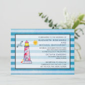 Roodgestreepte Waterverf vuurtoren bruiloft Kaart (Staand voorkant)