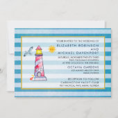 Roodgestreepte Waterverf vuurtoren bruiloft Kaart (Voorkant)