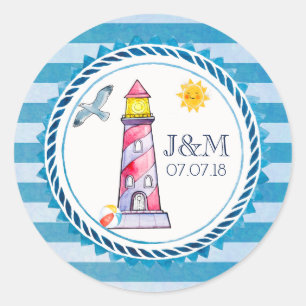 Roodgestreepte Waterverf vuurtoren bruiloft Ronde Sticker