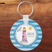 Roodgestreepte Waterverf vuurtoren bruiloft Sleutelhanger (Voorkant)