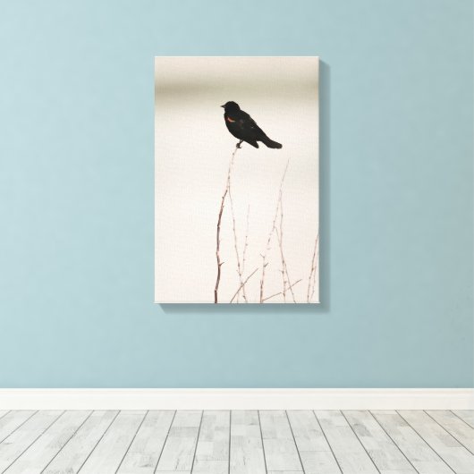 roodgevleugelde merel op tak canvas afdruk (Insitu (Houten vloer))