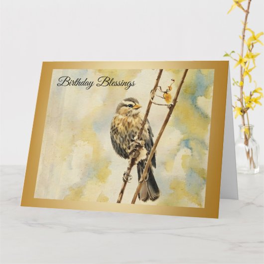 Roodgevleugelde merel - Verjaardag Kaart (Gele Bloem)