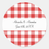 Roodgingham patroon bruiloft ronde sticker (Voorkant)