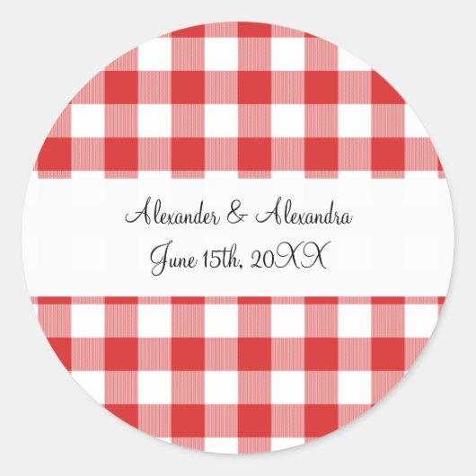Roodgingham patroon bruiloft ronde sticker (Voorkant)