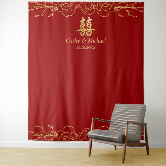 Roodgoudflorale lijst chinese bruiloft ceremonie wandkleed (In situ)