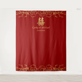 Roodgoudflorale lijst chinese bruiloft ceremonie wandkleed