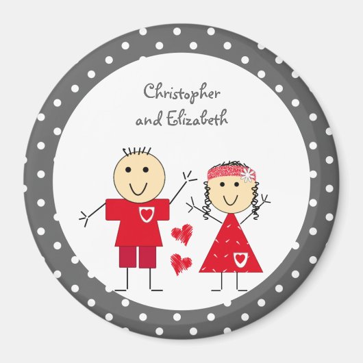 Roodgrijs met stippen stokfiguren en namen magneet (Voorkant)