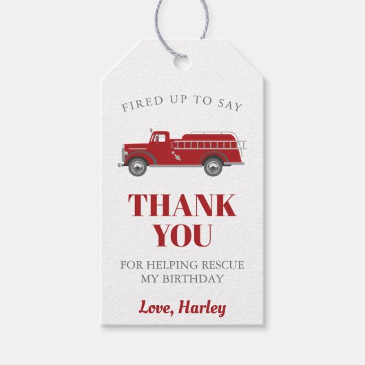 Roodgrijze brandvrachtwagen Birthday Dank je voor Cadeaulabel (Voorkant)
