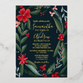 Roodgroene florale baarzen bruiloft folie uitnodiging (Voorkant)