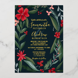 Roodgroene florale baarzen bruiloft folie uitnodiging