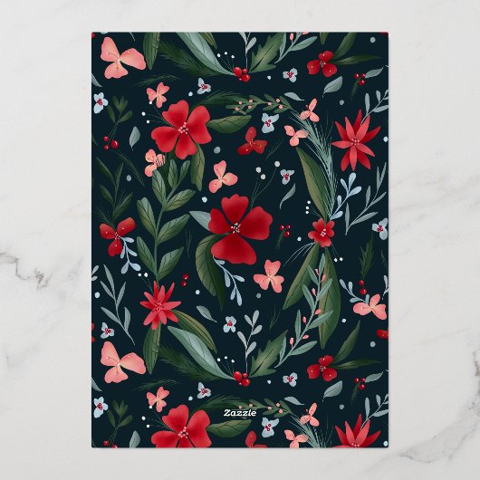 Roodgroene florale baarzen bruiloft folie uitnodiging (Achterkant)