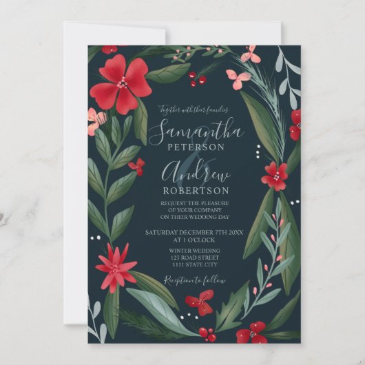 Roodgroene florale baarzen bruiloft kaart (Voorkant)