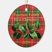 roodgroene plak | Familie eerste kerstfoto Keramisch Ornament (Links)