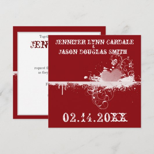 Roodgrunge Heart Valentijnse huwelijksuitnodiginge Kaart (Voorkant / Achterkant)