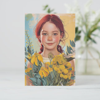 roodharig australisch meisje met bloemen kaart