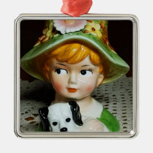Roodharig Kind & Puppy Kleine Meisje Dame Hoofd Va Metalen Ornament