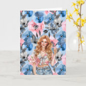 Roodharig Meisje IJscrème Blauw Bloemig Verjaardag Kaart (Gele Bloem)