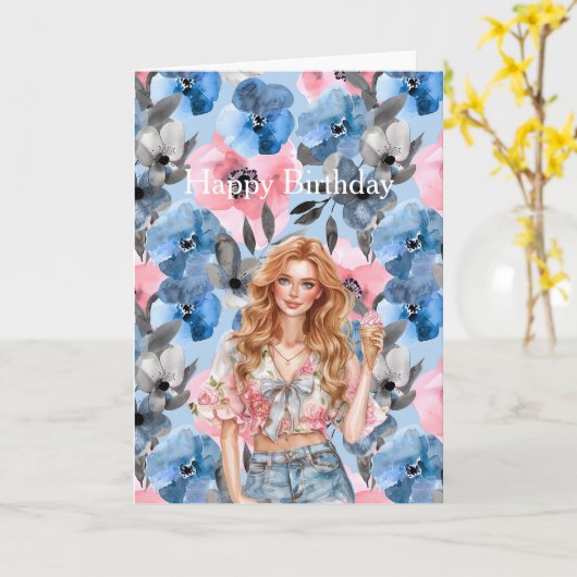 Roodharig Meisje IJscrème Blauw Bloemig Verjaardag Kaart (Gele Bloem)