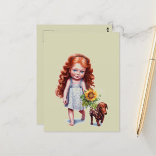 Roodharig meisje loopt met dachshond ansichtkaart briefkaart