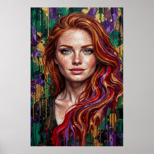 Roodharig Meisje Sproeten Impasto Verf Drip Art Po Poster