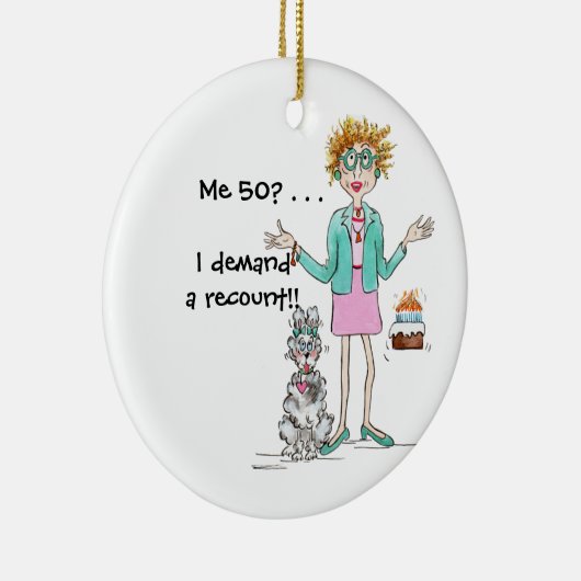 Roodharige dame draait om 50 en protesteert kerami keramisch ornament (Rechts)