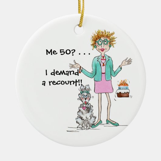Roodharige dame draait om 50 en protesteert kerami keramisch ornament (Voorkant)