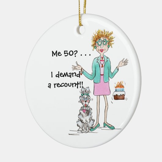 Roodharige dame draait om 50 en protesteert kerami keramisch ornament (Links)