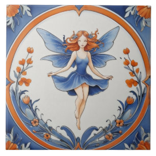 Roodharige fee in de natuur Blauwe en oranje bloem Tegeltje
