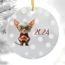 Roodharige Kerst Kat Keramisch Ornament